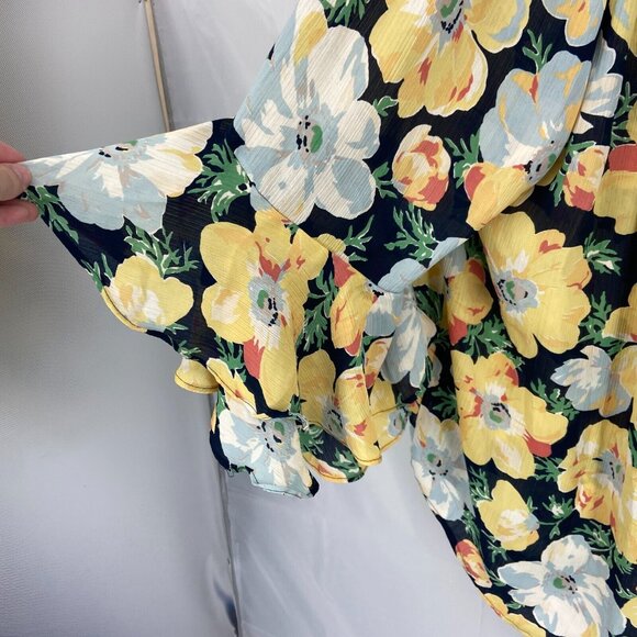 Chaps Women 2X Floral Blouse Top 3/4 Bell Sleeve Summer Spring Sheer Keyhole - Picture 2 of 8